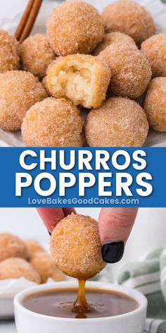 churros poppers pin collage Diy Dessert, Ielts Speaking, Yummy Desserts Easy, Dessert Dips, Tasty Baking, Fun Baking Recipes