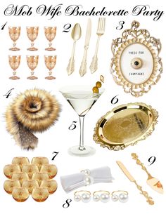 a collage of gold and white items including champagne glasses, plates, silverware