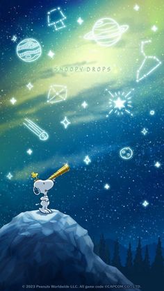 a cartoon character looking at the stars with a telescope in his hand, on top of a hill