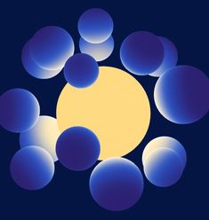 blue and yellow circles are arranged in the shape of a circle on a dark background