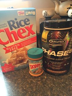 the ingredients to make rice chex are displayed on the counter next to an empty box