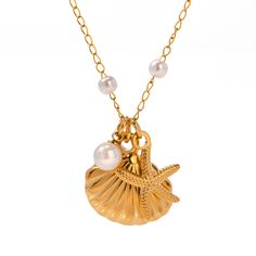 Waterproof Starfish Shell Necklace With Pearls Add a touch of oceanic elegance to your style with our Waterproof Starfish Shell Necklace With Pearls. This stunning necklace combines the beauty of starfish, shells, and pearls, perfect for any seaside adventure or everyday wear. Material: Alloy with Pearls Crafted from durable alloy and adorned with lustrous pearls, this necklace features a detailed starfish and shell design. Its waterproof nature ensures it withstands all your aquatic escapades, Gold Seashell Necklace, Ariel Necklace, Beaded Starfish, Shell Beads Necklace, Cowrie Shell Necklace, Seashell Pendants, Pearl Accessories, Starfish Necklace, Ocean Jewelry