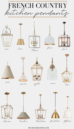 the french country kitchen pendants are shown in various sizes and colors, including gold