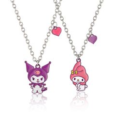 two necklaces with cartoon characters attached to them on a silver chain, one is pink and the other is purple