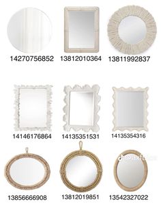 various types of mirrors and frames with numbers on the bottom one is labeled in white