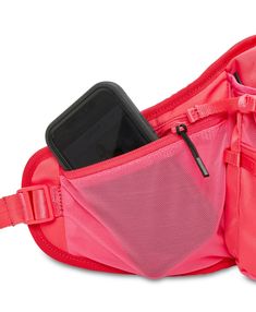 a pink fanny bag with a cell phone in it's pocket, on a white background