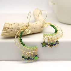 Green Crystal Beaded Crescent Moon Earrings, Dangle & Drop, Gold Wire Wrapped Earrings Handmade Gift for Her Gold Wire Wrapped Earrings, Types Of Earrings, Crescent Moon Earrings, Bijoux Fil Aluminium, Handmade Gifts For Her, Drop Beads, Wire Wrapped Earrings, Moon Earrings, Green Crystals