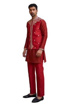 Red bundi with marodi, dori and zardosi embroidery. Paired with an embroidered kurta and pant. - Aza Fashions Isha Gupta, Dori Work, Zardosi Embroidery, Kurta Set For Men, Nehru Jackets, Band Collar, Kurta Set, Pants Pattern, Embroidered Silk