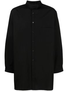 black cotton band collar long sleeves front buckle fastening chest patch pocket straight hem Cotton Long Sleeve Shirt, Band Collar, Yohji Yamamoto, Sleeve Cotton, Black Cotton, Patch Pocket, Cotton Shirt, Black Shirt, Long Sleeves