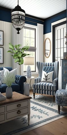 a living room with blue and white furniture