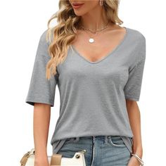 Features:Womens Summer Tops,V-Neck,Half Sleeve,Solid Color,Loose Fit,Oversized,Basic,Stylish,Simple Casual Style That Will Never Go Out Of Style.This Classic Basic Top Is The Perfect Length,And You Can Easily Tuck The Hem Into Your Pants For A Slimmer,More Glamorous Look. Design:Fashion Drop Shoulder,Fits Great Half Sleeve Or Short Sleeve.V-Neck Is Suitable,Not Too Small Or Too Deep,And The Basic Design Shows A Charming Style.Solid Color Shirts Simple And Versatile Will Not Be Transparent. Occas Fall V-neck T-shirt, Casual Solid Color V-neck T-shirt, Solid Color Short Sleeve V-neck Top For Fall, Casual Short Sleeve V-neck Top For Fall, Trendy Solid Color V-neck T-shirt, Fall V-neck Short Sleeve Top In Solid Color, Solid Color Cotton V-neck Top, Casual V-neck Solid Color T-shirt, Trendy Relaxed Fit V-neck Tops