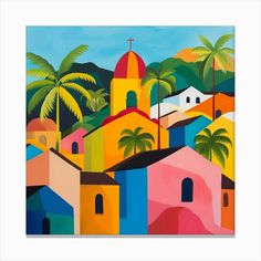 a painting of colorful buildings with palm trees in the background