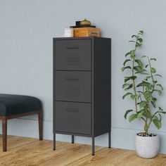 a tall green cabinet next to a plant in a room with hard wood flooring