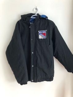 Ny Rangers Starter black parka. Size: Spit to pit: 23”neck to bottom: 28”collar to cuff: 30” Ny Rangers, Black Parka, Pittsburgh Penguins Hockey, New York Rangers, Russell Athletic, Baseball Jacket, New York Mets, Nike Jacket, Parka