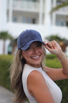 Elevate your casual look with this vintage-style hat! Featuring a distressed wash for an authentic, worn-in feel, each piece showcases natural color variations, making every hat one of a kind. Designed for comfort and convenience, it includes an adjustable magic closure at the back to ensure the perfect fit. This is the go-to accessory to complete your look while staying protected from the sun.Product Details: Vintage distressed wash style. Adjustable magic closure at the back. Natural color var Casual Denim Blue Beach Hat, Navy Spring Cap, Navy Adjustable Baseball Cap For Spring, Distressed Blue Hat With Adjustable Fit, Adjustable Distressed Blue Hat, Trendy Washed Blue Hat, Denim Blue Curved Brim Baseball Cap, Denim Blue Hat With Curved Brim, Navy Casual Adjustable Dad Hat