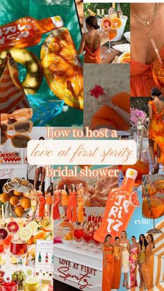 an orange and white collage with words how to host a care of first - party bridal shower