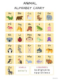 an animal alphabet chart with animals and letters