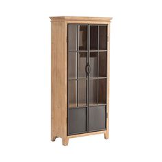 a tall wooden cabinet with glass doors on the front and bottom shelves, against a white background