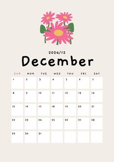 a calendar with flowers on it and the word december written in black ink, is shown