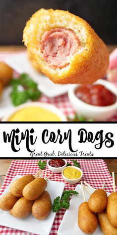 mini corn dogs on a plate with dipping sauce