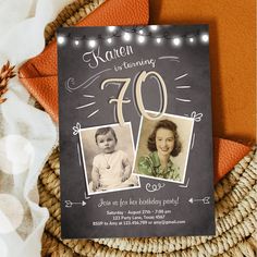 a birthday card with two photos on it and string lights around the edges that reads 70 years