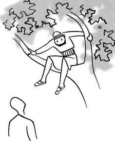 a drawing of a man climbing up the side of a tree