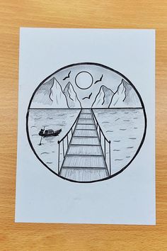 a drawing of a dock with a boat on the water and mountains in the background