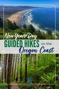 the oregon coast with text that reads, new years day guided hikes on the oregon coast