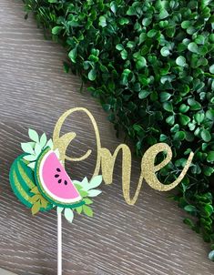 a cake topper that says one with a watermelon on it