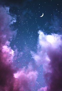 the night sky is filled with stars, clouds and a half moon in the distance