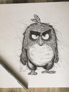 a drawing of an angry bird with big eyes