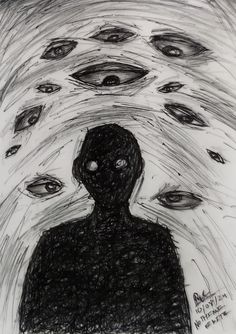 a black and white drawing of a person surrounded by circles