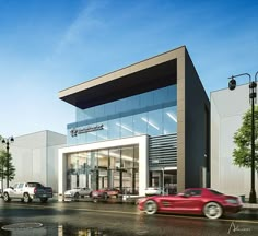 an artist's rendering of the exterior of a building with cars parked in front