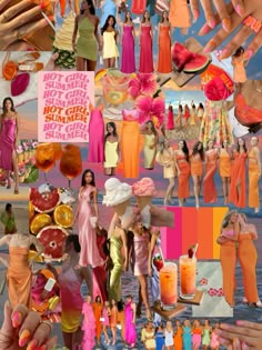 a collage of women in different dresses and colors, including oranges, pinks,