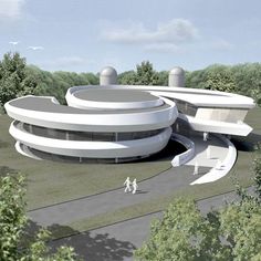 an artist's rendering of a circular building with two people walking in the foreground