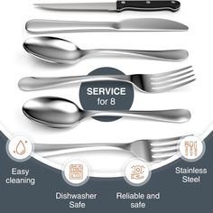 the service for 8 forks, knives and spoons is shown in this image with instructions