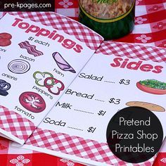 a pizza shop printable shopping list on top of a red and white checkered table cloth