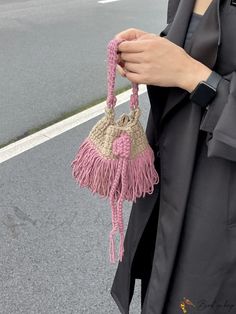 Bird in Bag - Mini Fashionable Crochet Handbag with Bead Decoration and Color Block Casual Handmade Pink Bucket Bag, Casual Pink Crochet Bag, Casual Pink Woven Bucket Bag, Fashionable Crochet, Black Bucket Bag, Crochet Handbag, Fingerless Mittens, Crochet Handbags, Bird In Bag