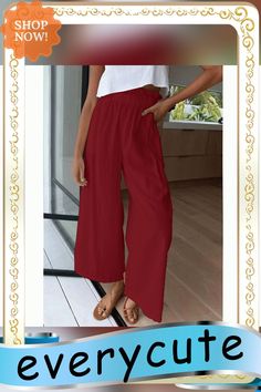 Burgundy Ruffled High Waist Wide Leg Pants with Pocket Casual Ruffled Pants, Casual Ruffled Trousers, Non-stretch Red Bottoms For Day Out, Red Non-stretch Bottoms For Day Out, Casual Solid Color Pants With Ruffles, Ankle-length Red Bottoms For Spring, Red Ankle-length Bottoms For Spring, Solid Ankle-length Bottoms For Summer, Solid Ruffled Bottoms For Vacation