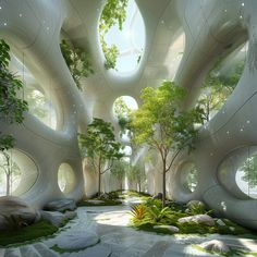 the interior of a futuristic building with trees and rocks on the ground, surrounded by greenery