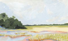 an oil painting of a marshland scene with trees in the foreground and clouds in the background