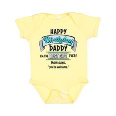 Happy Birthday, Daddy- best gift ever in blue Baby Bodysuit. Celebrate a new little one in the family or just remind Daddy how lucky he is to have such an awesome son or daughter. Our unisex one piece baby bodysuit make great gift for newborns, babies, infants, baby showers and expectant moms. An ideal gift for any new parent who will want one in every color. Baby Bodysuit. Size: Newborn.  Color: Yellow.  Gender: male.  Age Group: infant. Funny Short Sleeve Onesie For Birthdays, Funny Short Sleeve Onesie For Birthday, Funny Short Sleeve Bodysuit For Birthday, Cute Birthday Bodysuit With Name Print, Cute Bodysuit With Name Print For Birthday, Playful Short Sleeve Bodysuit For Birthday, Cotton Birthday Onesie For Father's Day, Family Matching Cotton Onesie For Birthday, Cotton Birthday Onesie