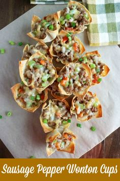 sausage pepper wonton cups with green onions and peas