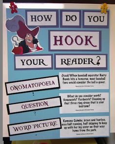 a sign that says how do you hook your reader? and has pictures on it