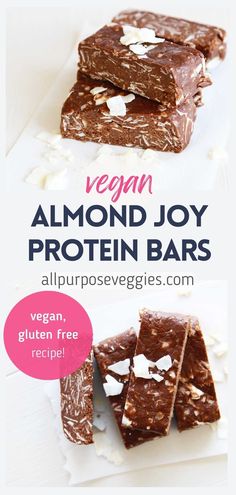 vegan almond joy protein bar recipe on a white background with the title above it