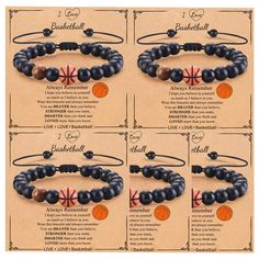 four bracelets with basketball balls and beads on each beaded strand, one for each team