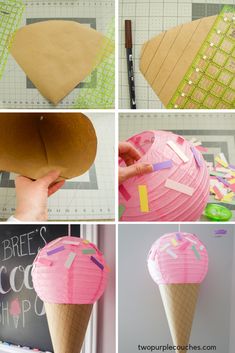 four pictures showing how to make an ice cream cone with construction paper and glue on it