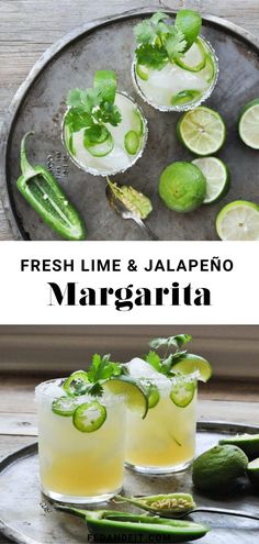 fresh lime and jalapeno margaritas are served on a metal platter