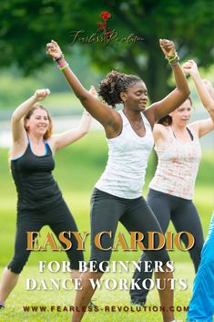 the cover of easy cardio for beginners dance workouts, featuring four women in various poses