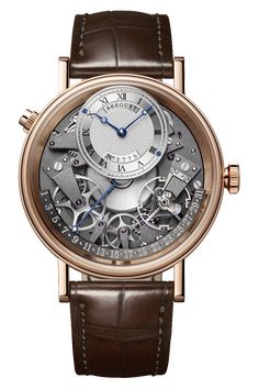 Tradition watch in 18-carat gold with retrograde date. Self-winding anthracite movement. Silicon Breguet... balance-spring. Off-centred dial in gold, engine-turned by hand. Sapphire caseback. Water-resistant to 3 bar (30 m). Diameter: 40 mm. Breguet has been a pioneer in the watchmaking industry since 1775, all the while honoring tradition and artistry through its craftsmanship. The Manufacture has introduced the world of timekeeping to countless technological inventions throughout the last two centuries, including the first self-winding watch in 1780 and the first wrist chronograph in 1820. Breguet timepieces have earned a unique renown for their exquisite detailing and historic relevance. Today, Breguet watches remain synonymous with the principles of elegance, precision and innovation. Mens Rose Gold Watch, Swiss Army Watches, Authentic Watches, Rose Gold Case, Rose Gold Watch, Luxury Watches For Men, Beautiful Watches, Hand Engraving, Luxury Watch